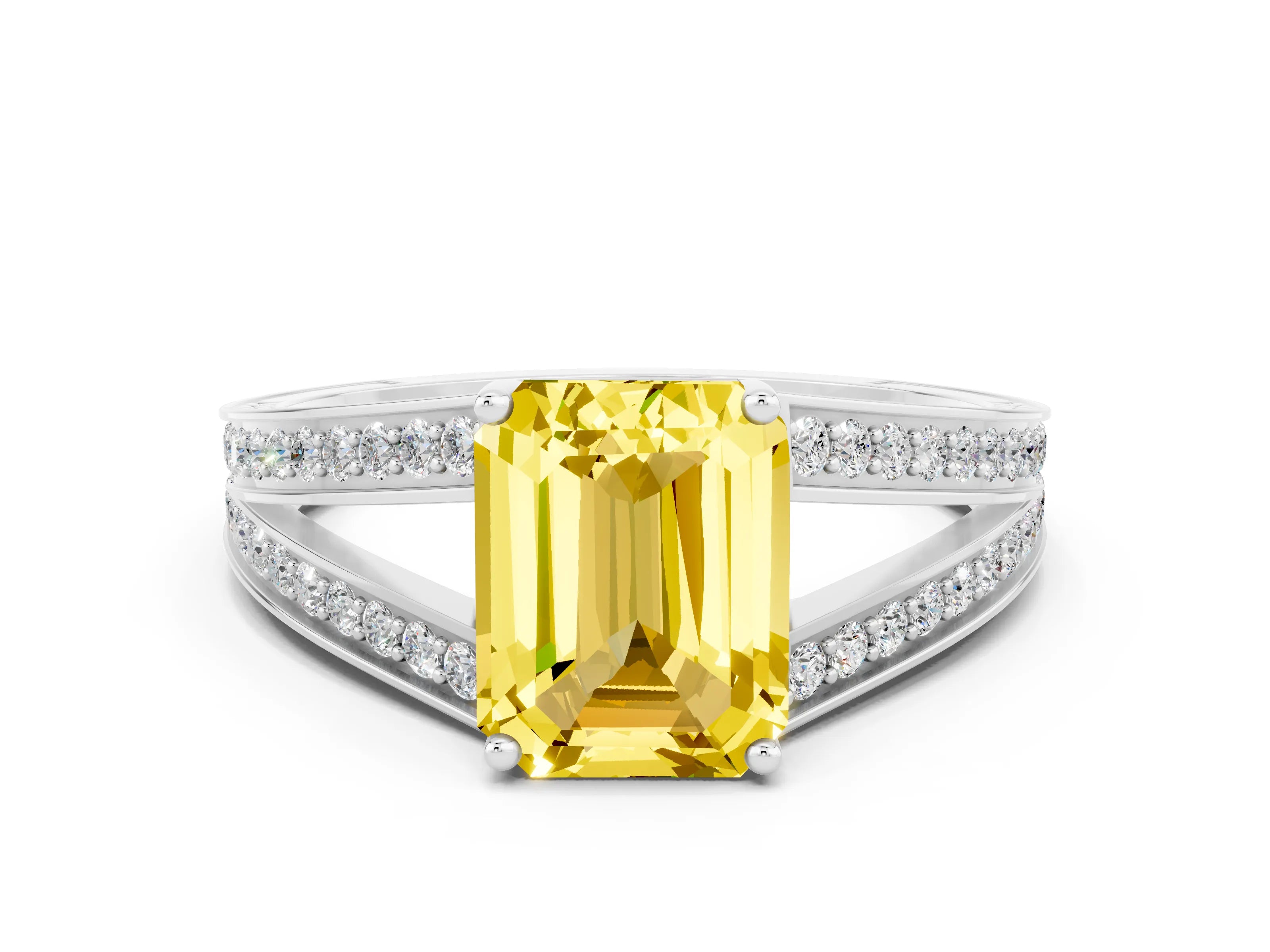 White gold Emerald Cut Yellow Sapphire Split Shank Ring with Pavé Band and Four-Prong Setting