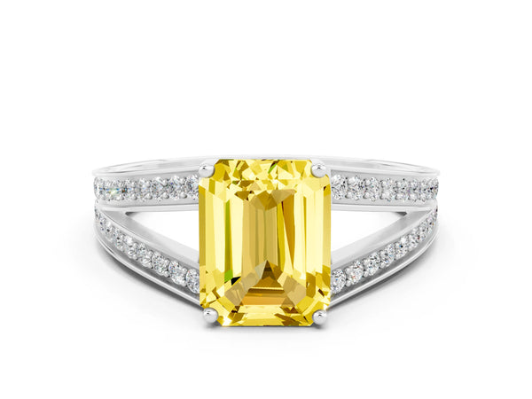 Silver Emerald Cut Yellow Sapphire Split Shank Ring with Pavé Band and Four-Prong Setting