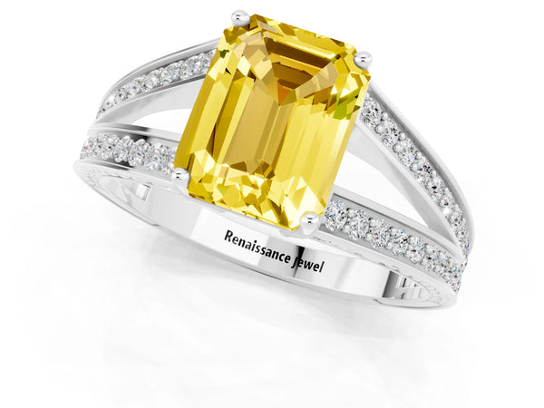 White gold Emerald Cut Yellow Sapphire Split Shank Ring with Pavé Band and Four-Prong Setting