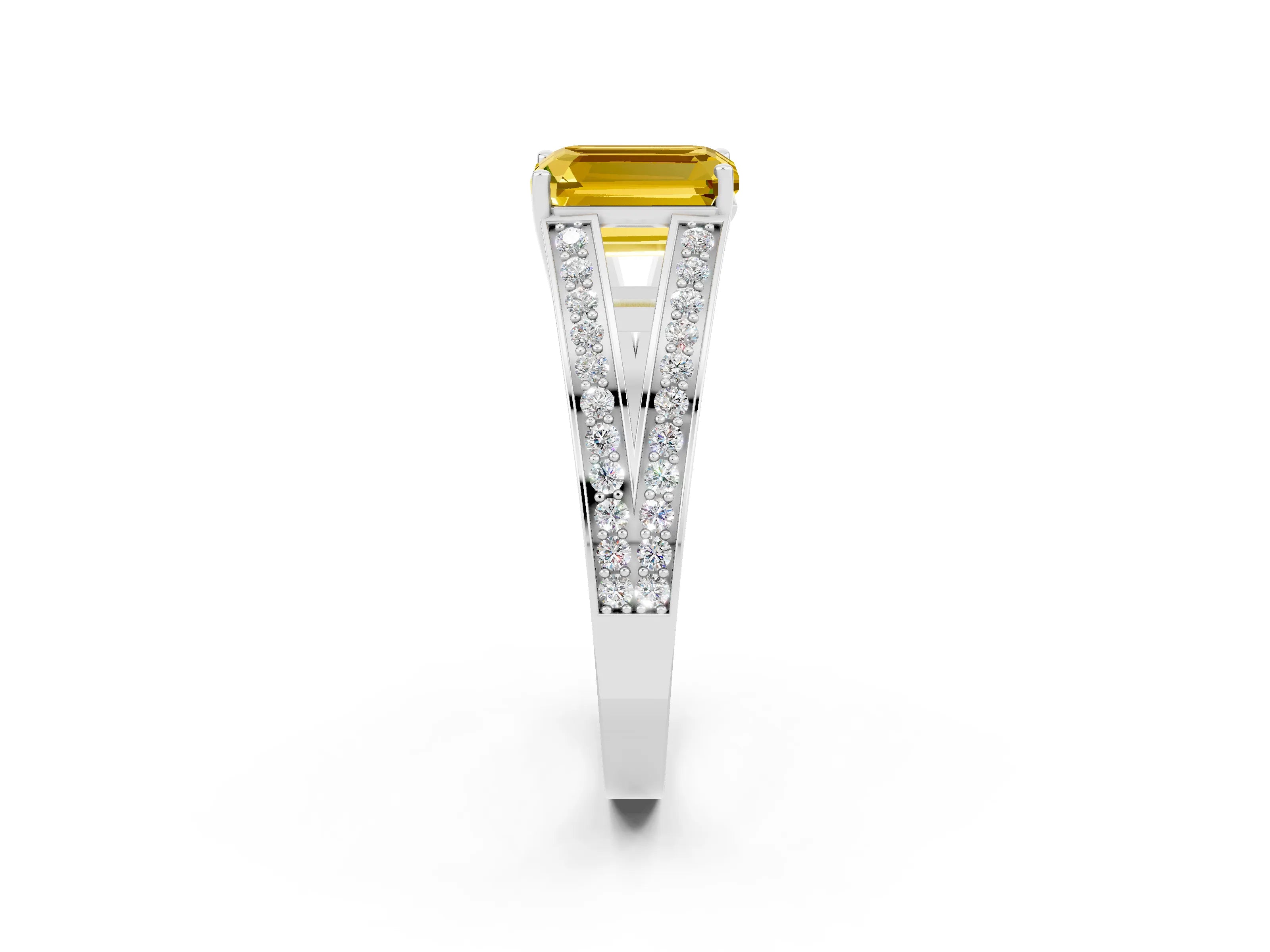 White gold Emerald Cut Yellow Sapphire Split Shank Ring with Pavé Band and Four-Prong Setting_2