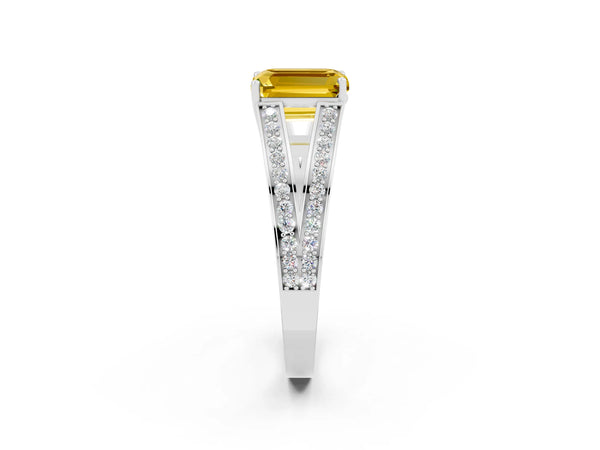 Platinum Emerald Cut Yellow Sapphire Split Shank Ring with Pavé Band and Four-Prong Setting