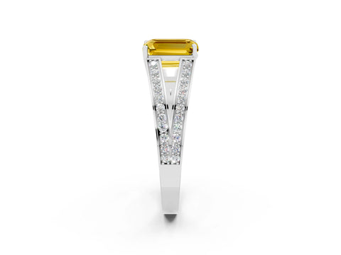 White gold Emerald Cut Yellow Sapphire Split Shank Ring with Pavé Band and Four-Prong Setting_2