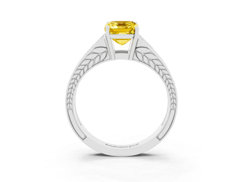 White gold Emerald Cut Yellow Sapphire Split Shank Ring with Pavé Band and Four-Prong Setting_3