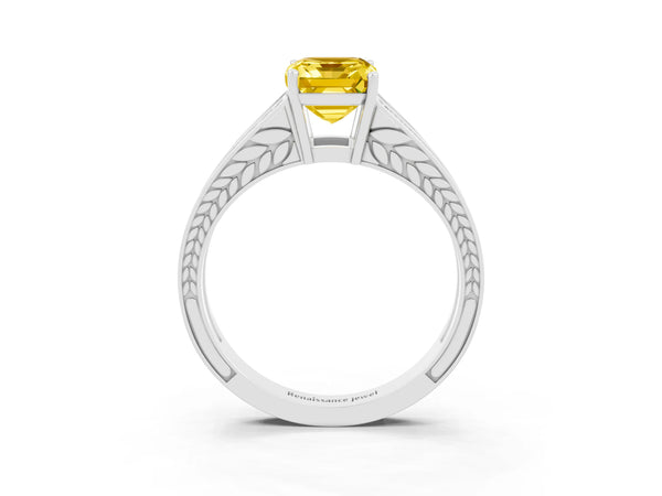 Silver Emerald Cut Yellow Sapphire Split Shank Ring with Pavé Band and Four-Prong Setting