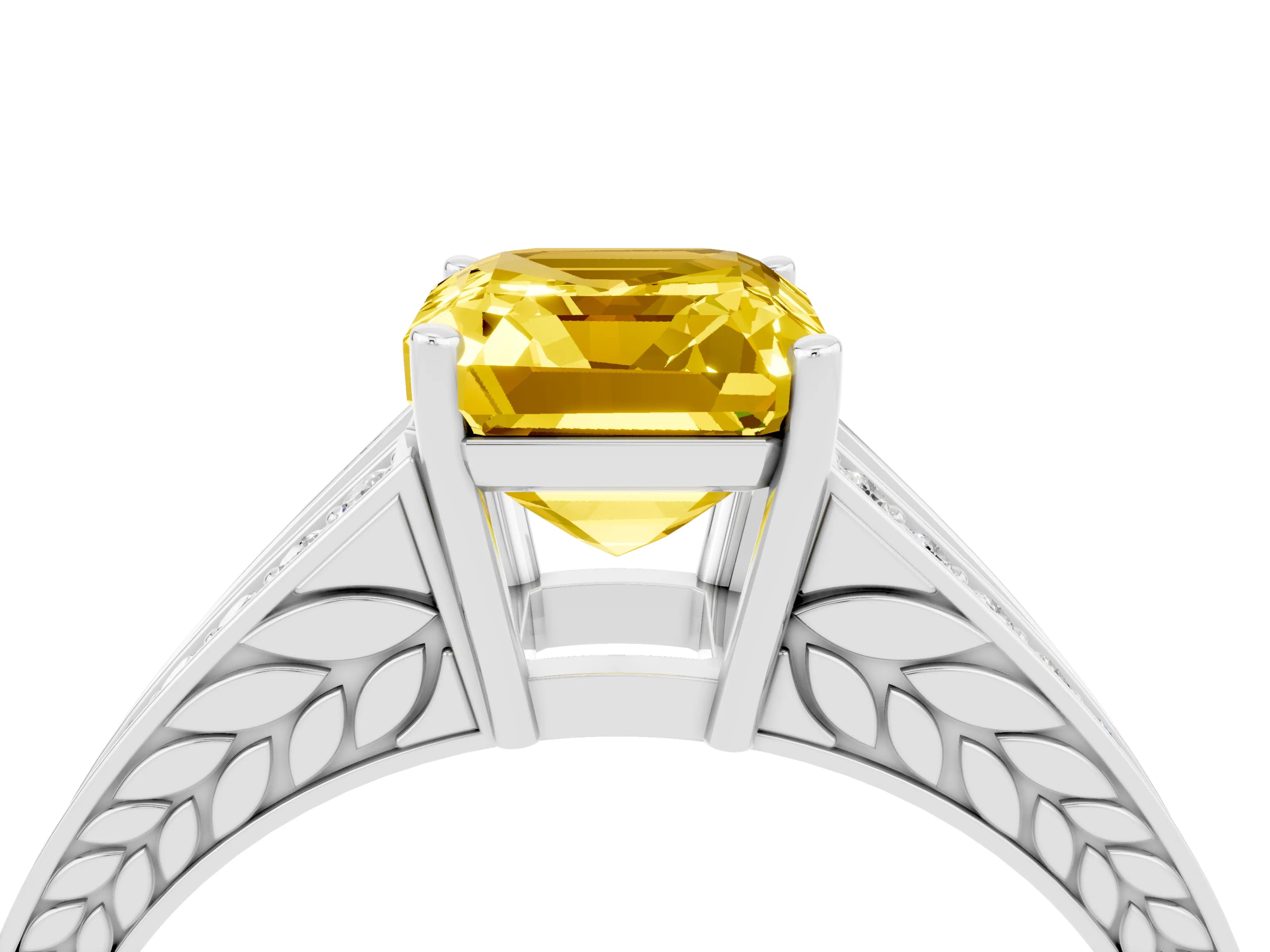 White gold Emerald Cut Yellow Sapphire Split Shank Ring with Pavé Band and Four-Prong Setting_4