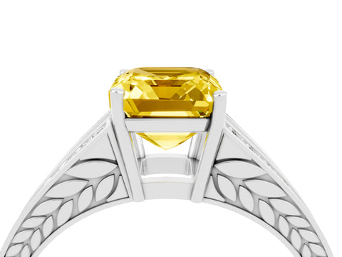 White gold Emerald Cut Yellow Sapphire Split Shank Ring with Pavé Band and Four-Prong Setting_4