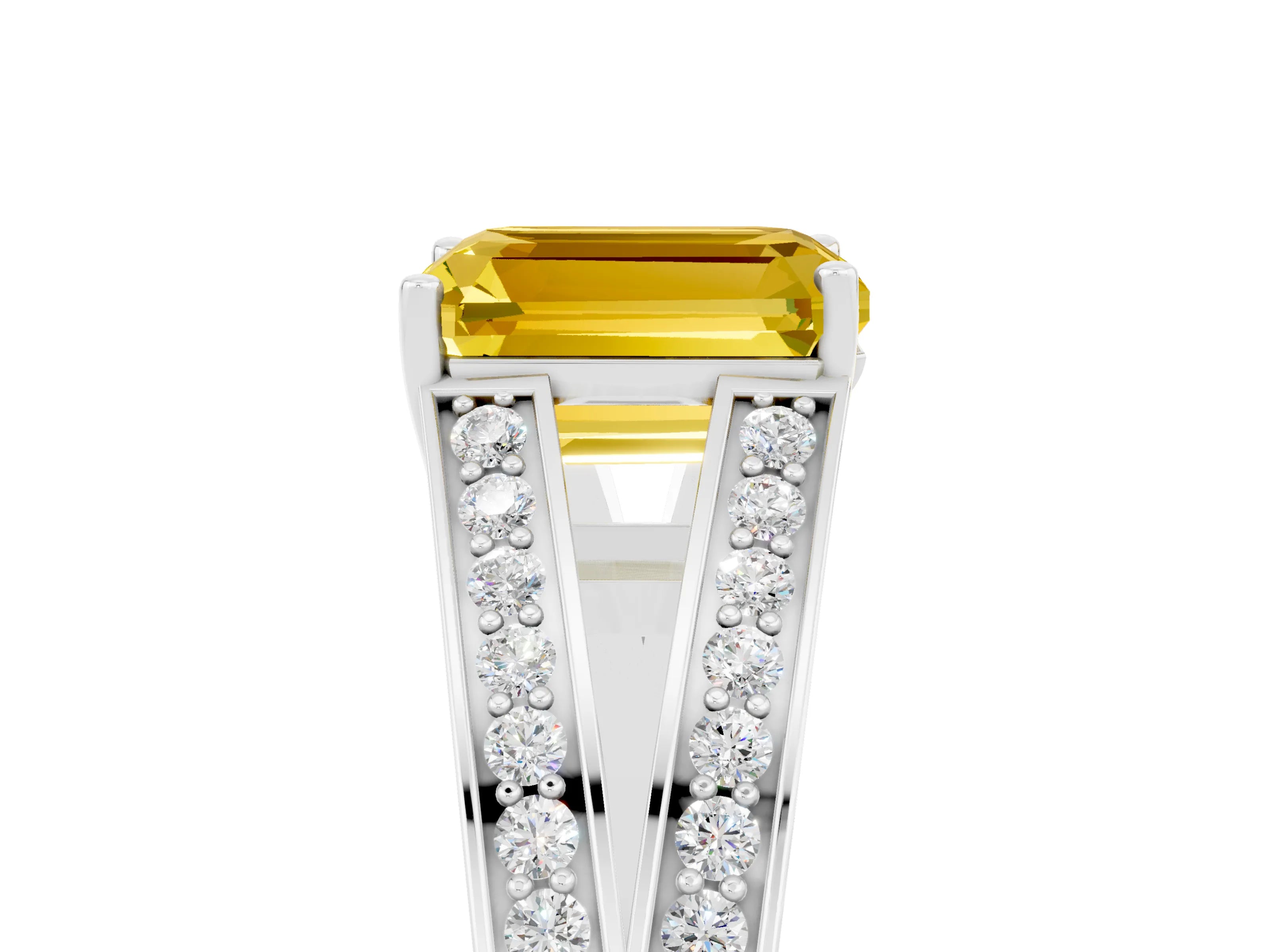 White gold Emerald Cut Yellow Sapphire Split Shank Ring with Pavé Band and Four-Prong Setting_5