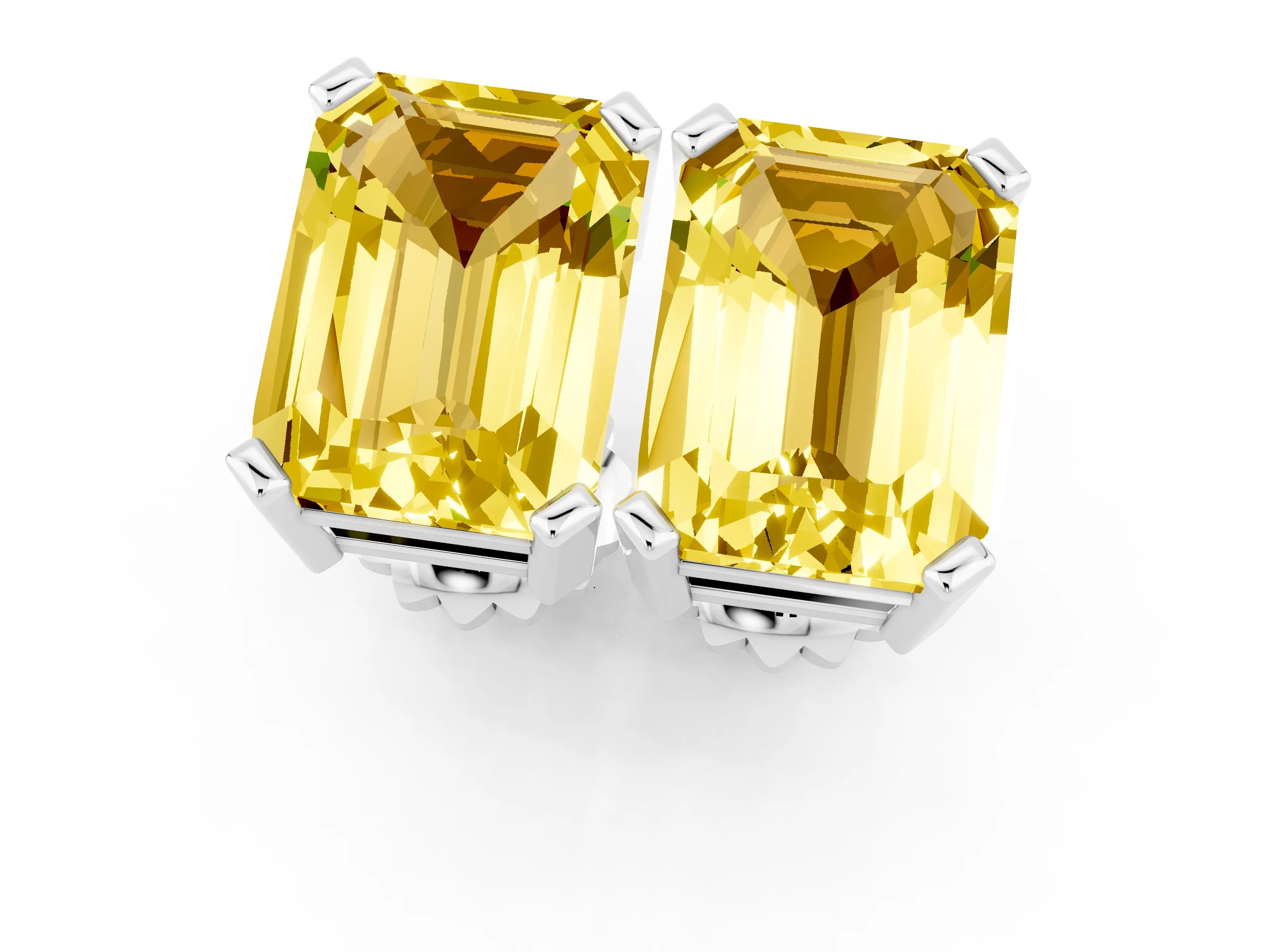 White gold Emerald Cut Yellow Sapphire Stud Earrings_25