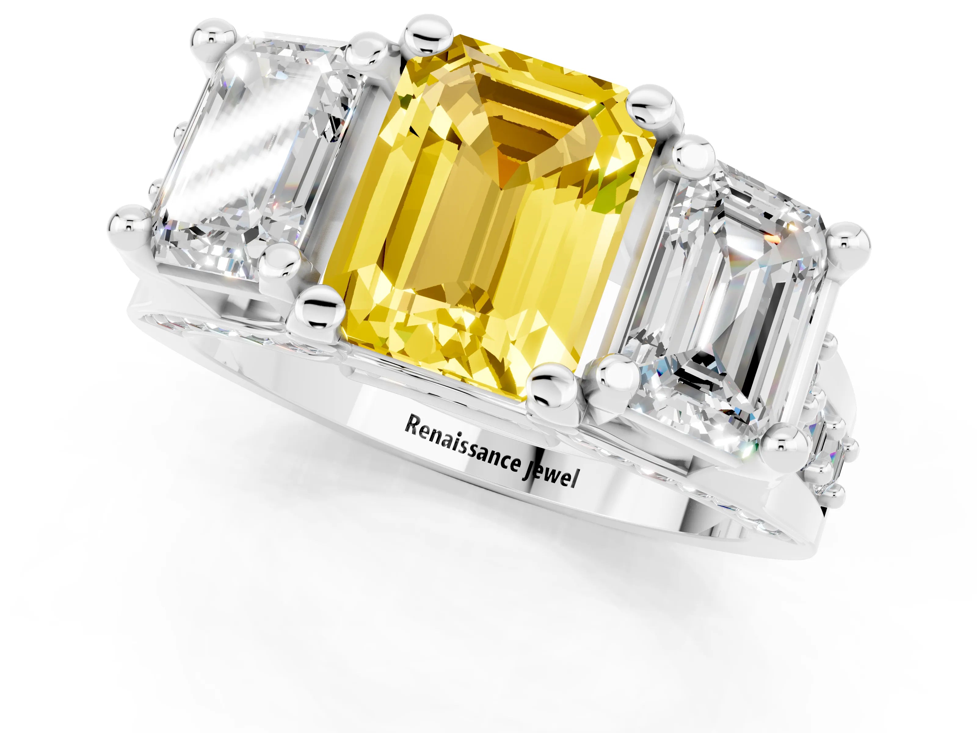 White gold Emerald Cut Yellow Sapphire Three-Stone Ring with Channel Set Band and Four-Prong Setting_1