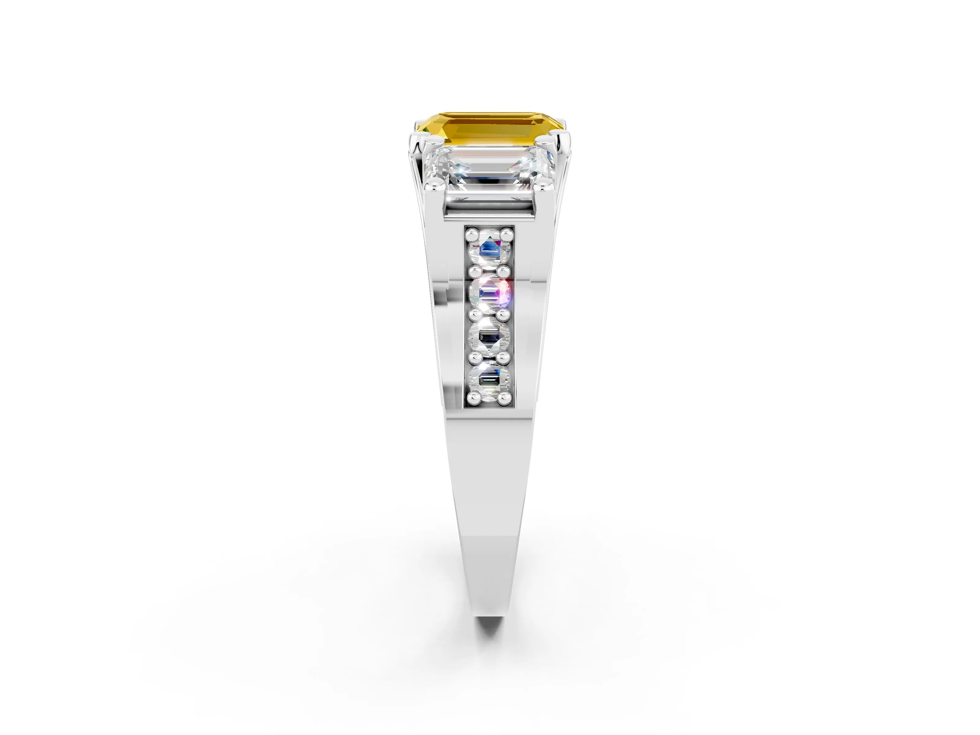 White gold Emerald Cut Yellow Sapphire Three-Stone Ring with Channel Set Band and Four-Prong Setting_2