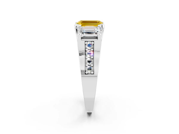 White gold Emerald Cut Yellow Sapphire Three-Stone Ring with Channel Set Band and Four-Prong Setting