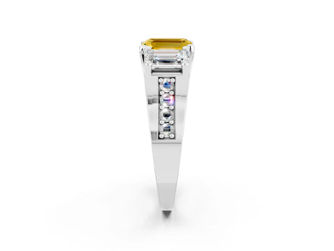 White gold Emerald Cut Yellow Sapphire Three-Stone Ring with Channel Set Band and Four-Prong Setting_2