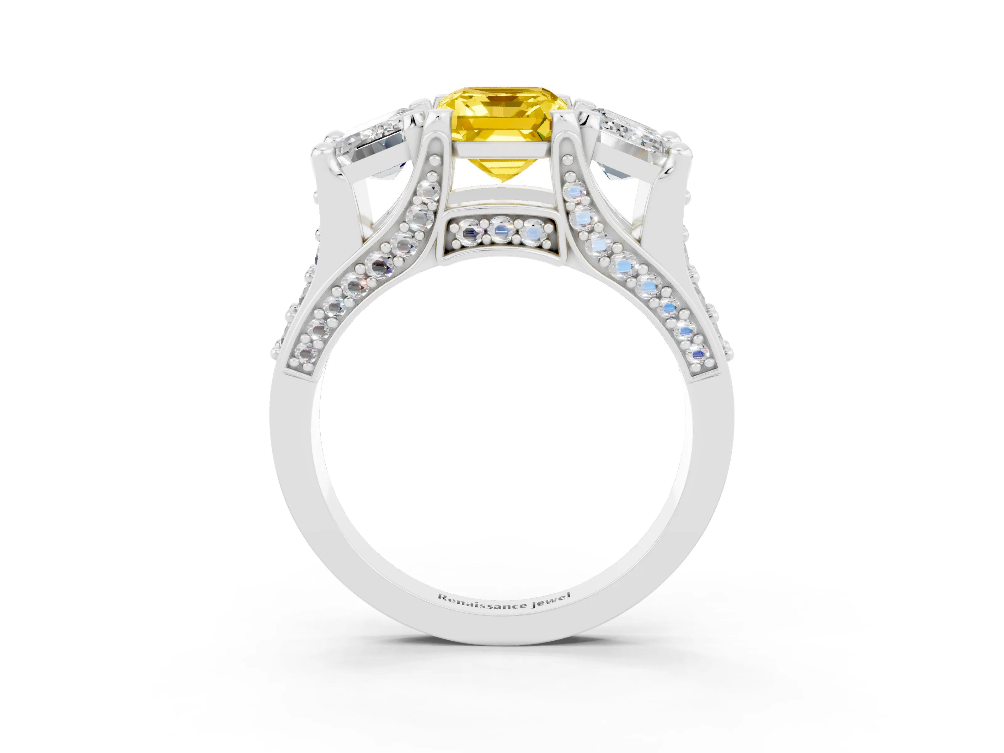 White gold Emerald Cut Yellow Sapphire Three-Stone Ring with Channel Set Band and Four-Prong Setting_3