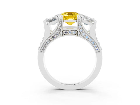 White gold Emerald Cut Yellow Sapphire Three-Stone Ring with Channel Set Band and Four-Prong Setting_3