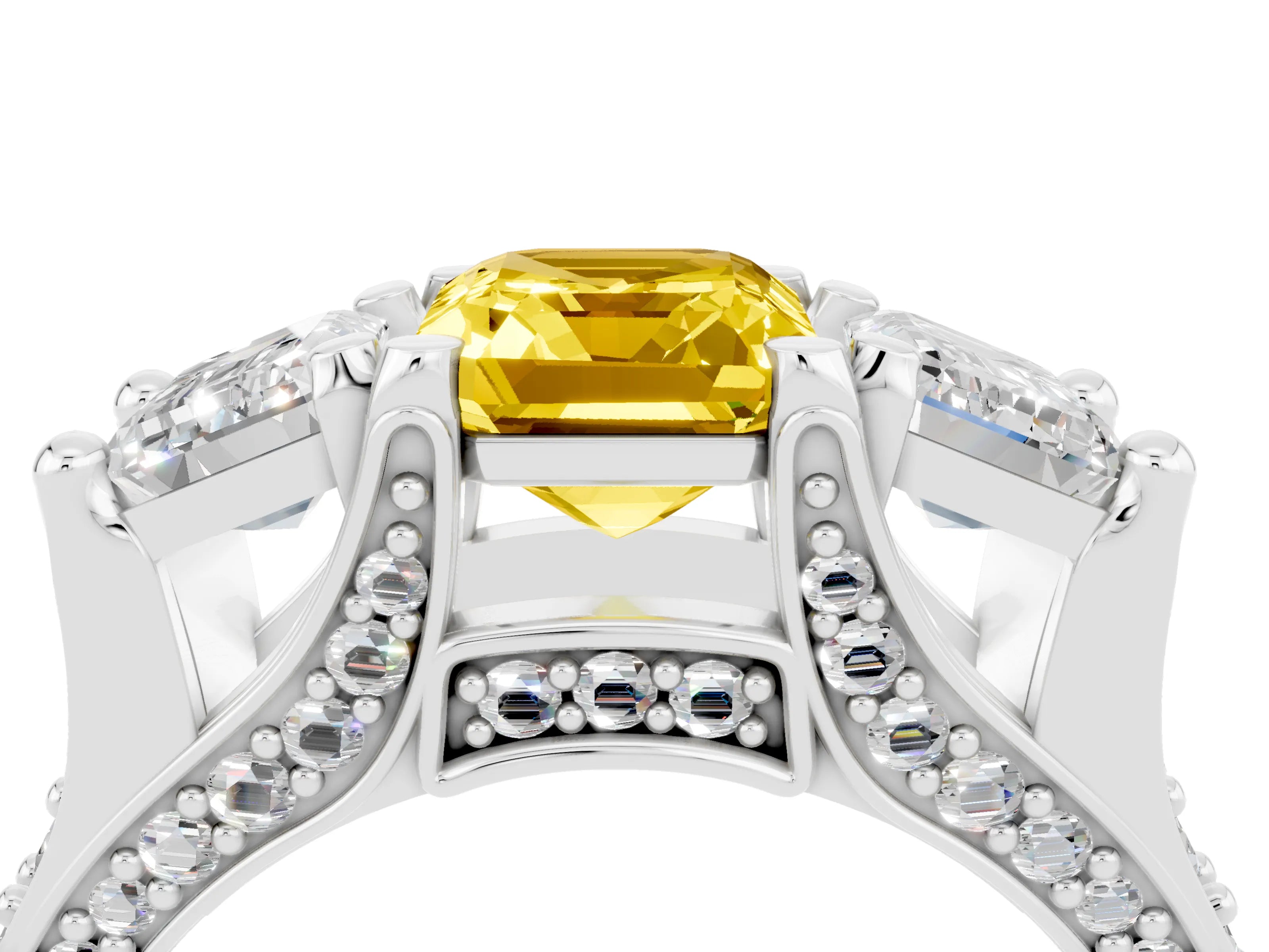 White gold Emerald Cut Yellow Sapphire Three-Stone Ring with Channel Set Band and Four-Prong Setting_4