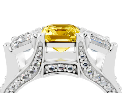 White gold Emerald Cut Yellow Sapphire Three-Stone Ring with Channel Set Band and Four-Prong Setting_4