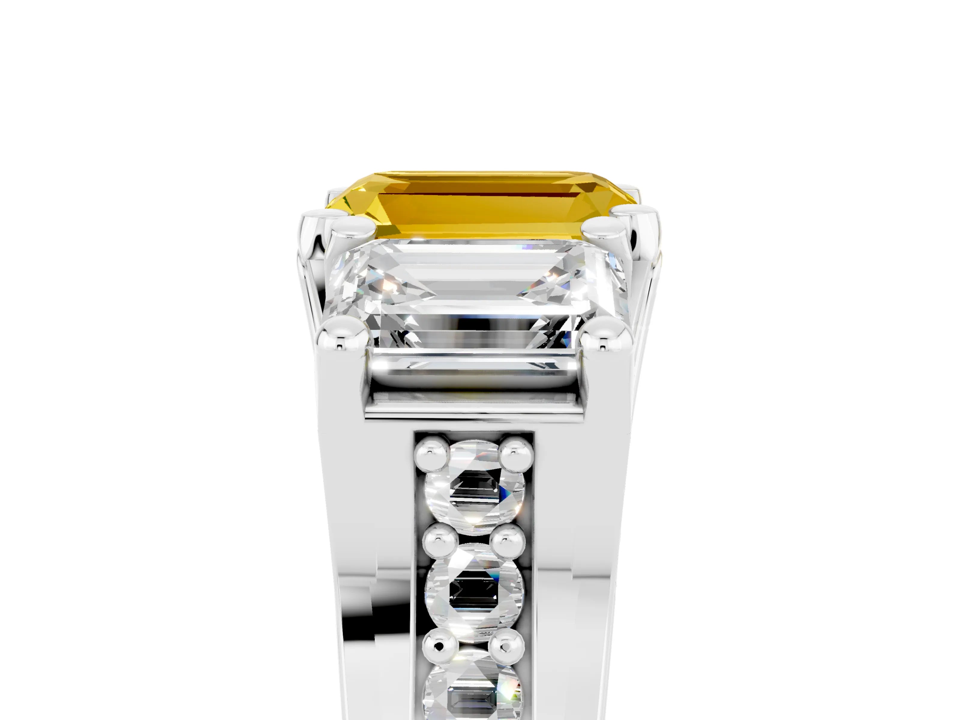 White gold Emerald Cut Yellow Sapphire Three-Stone Ring with Channel Set Band and Four-Prong Setting_5