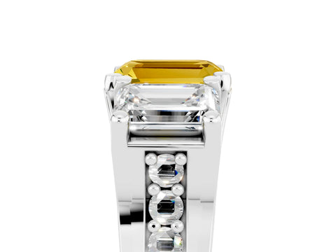 White gold Emerald Cut Yellow Sapphire Three-Stone Ring with Channel Set Band and Four-Prong Setting_5