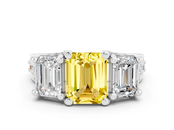 Silver Emerald Cut Yellow Sapphire Three-Stone Ring with Channel Set Band and Four-Prong Setting