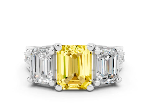 White gold Emerald Cut Yellow Sapphire Three-Stone Ring with Channel Set Band and Four-Prong Setting