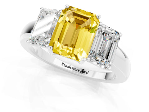 White gold Emerald Cut Yellow Sapphire Three-Stone Ring with Four-Prong Setting and Classic Band_1