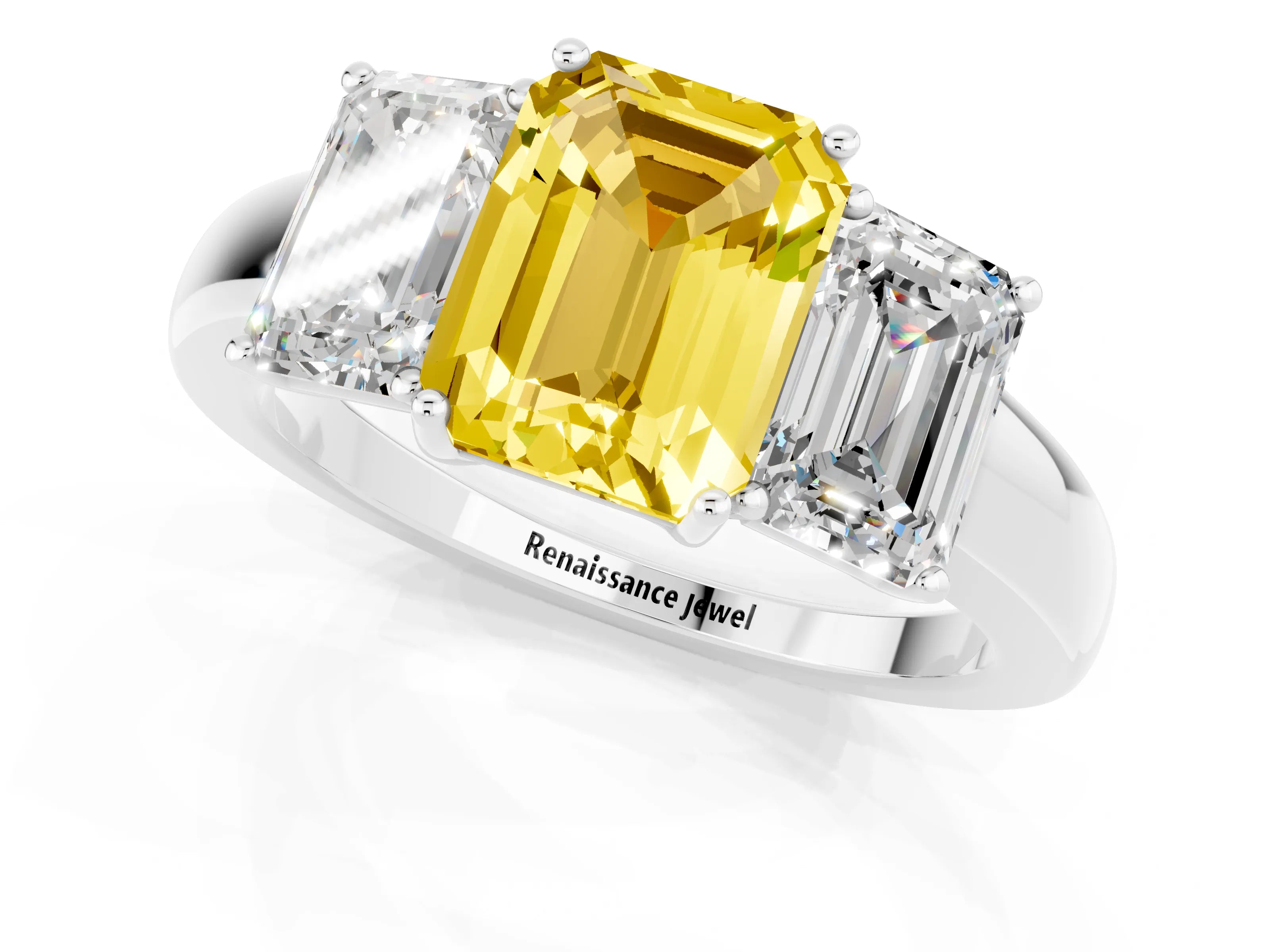White gold Emerald Cut Yellow Sapphire Three-Stone Ring with Four-Prong Setting and Classic Band_1