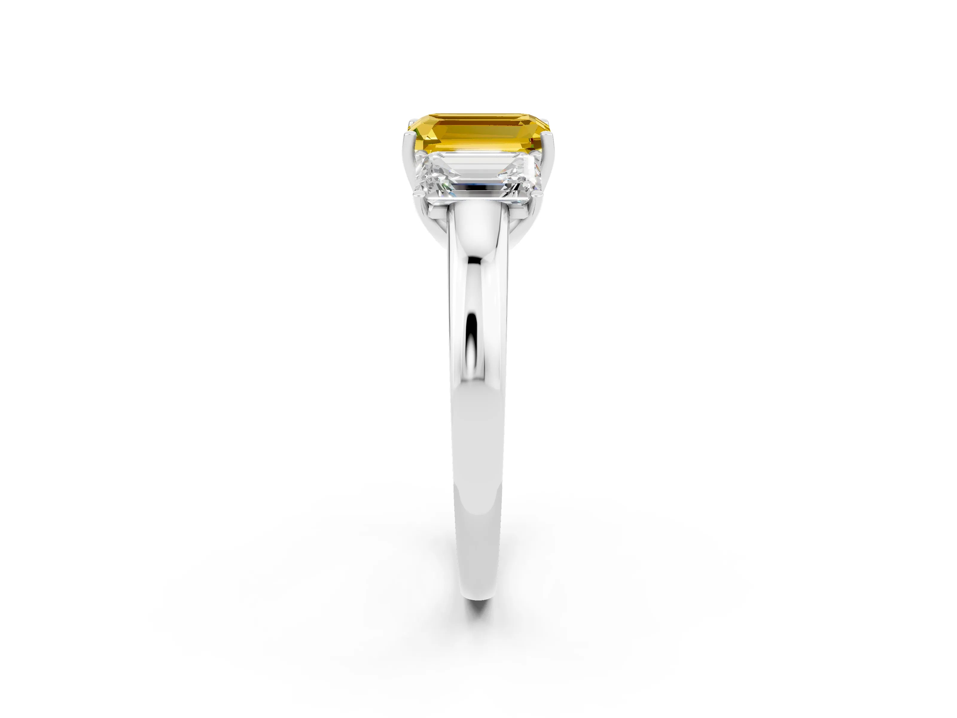 White gold Emerald Cut Yellow Sapphire Three-Stone Ring with Four-Prong Setting and Classic Band_2