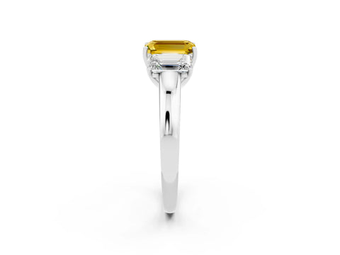 White gold Emerald Cut Yellow Sapphire Three-Stone Ring with Four-Prong Setting and Classic Band_2