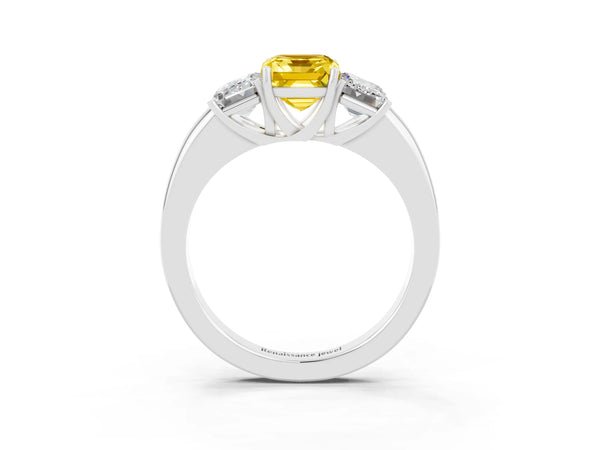 Platinum Emerald Cut Yellow Sapphire Three-Stone Ring with Four-Prong Setting and Classic Band