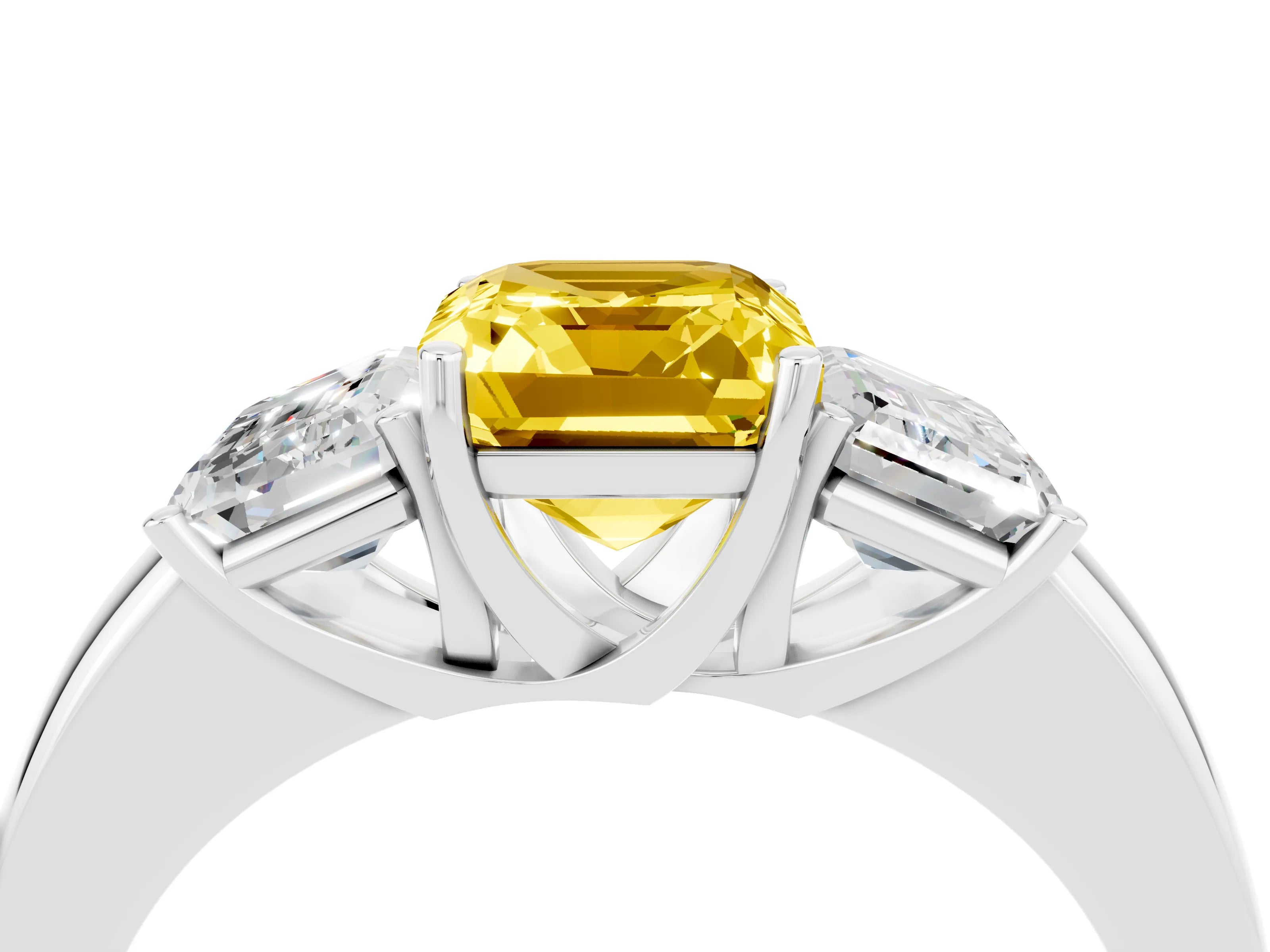 White gold Emerald Cut Yellow Sapphire Three-Stone Ring with Four-Prong Setting and Classic Band_4