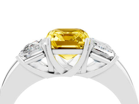 White gold Emerald Cut Yellow Sapphire Three-Stone Ring with Four-Prong Setting and Classic Band_4