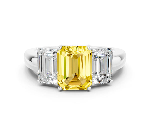 Silver Emerald Cut Yellow Sapphire Three-Stone Ring with Four-Prong Setting and Classic Band