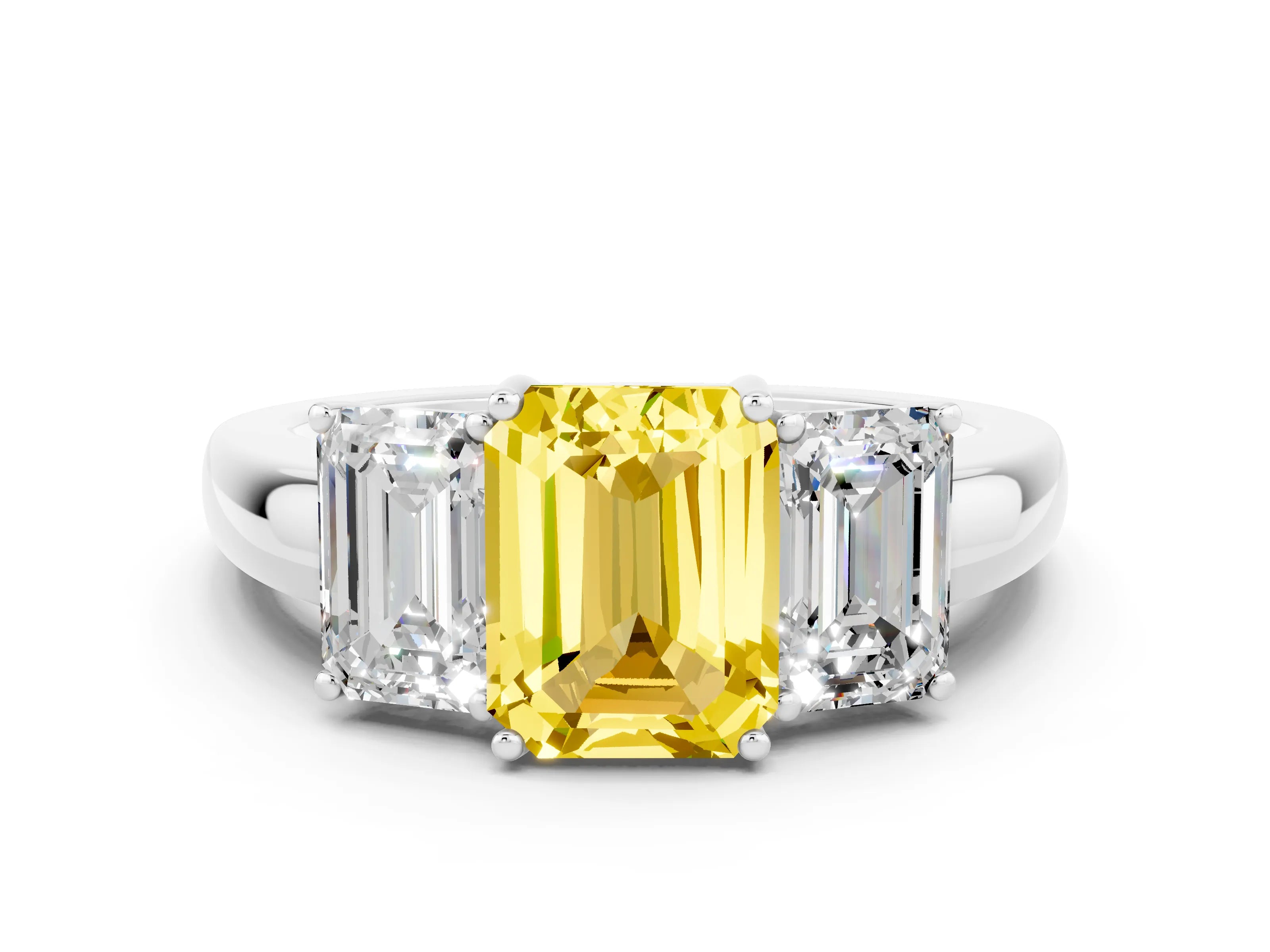 White gold Emerald Cut Yellow Sapphire Three-Stone Ring with Four-Prong Setting and Classic Band