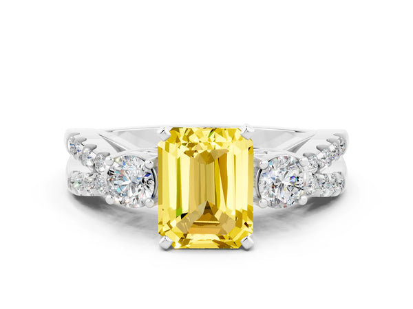 Platinum Emerald Cut Yellow Sapphire Three-Stone Ring with Pavé Split Shank and Four-Prong Setting