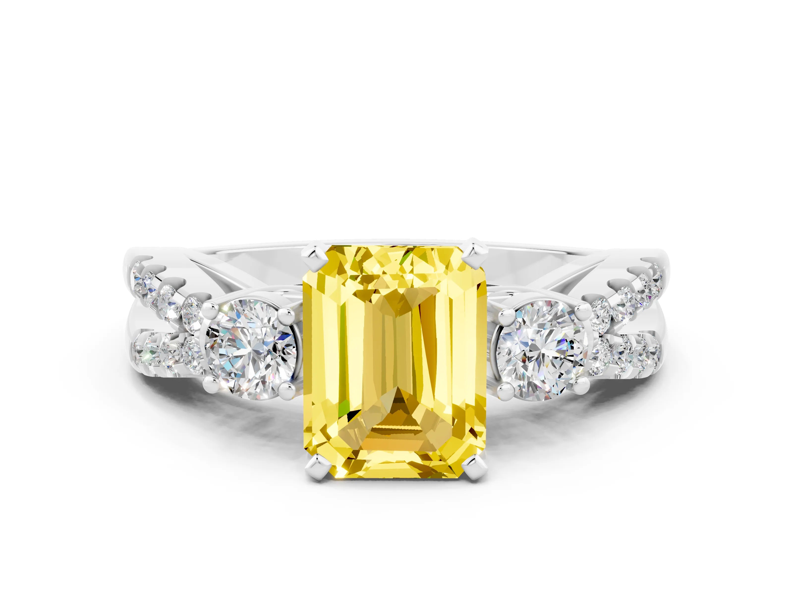 White gold Emerald Cut Yellow Sapphire Three-Stone Ring with Pavé Split Shank and Four-Prong Setting_24