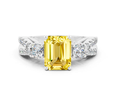 White gold Emerald Cut Yellow Sapphire Three-Stone Ring with Pavé Split Shank and Four-Prong Setting_24