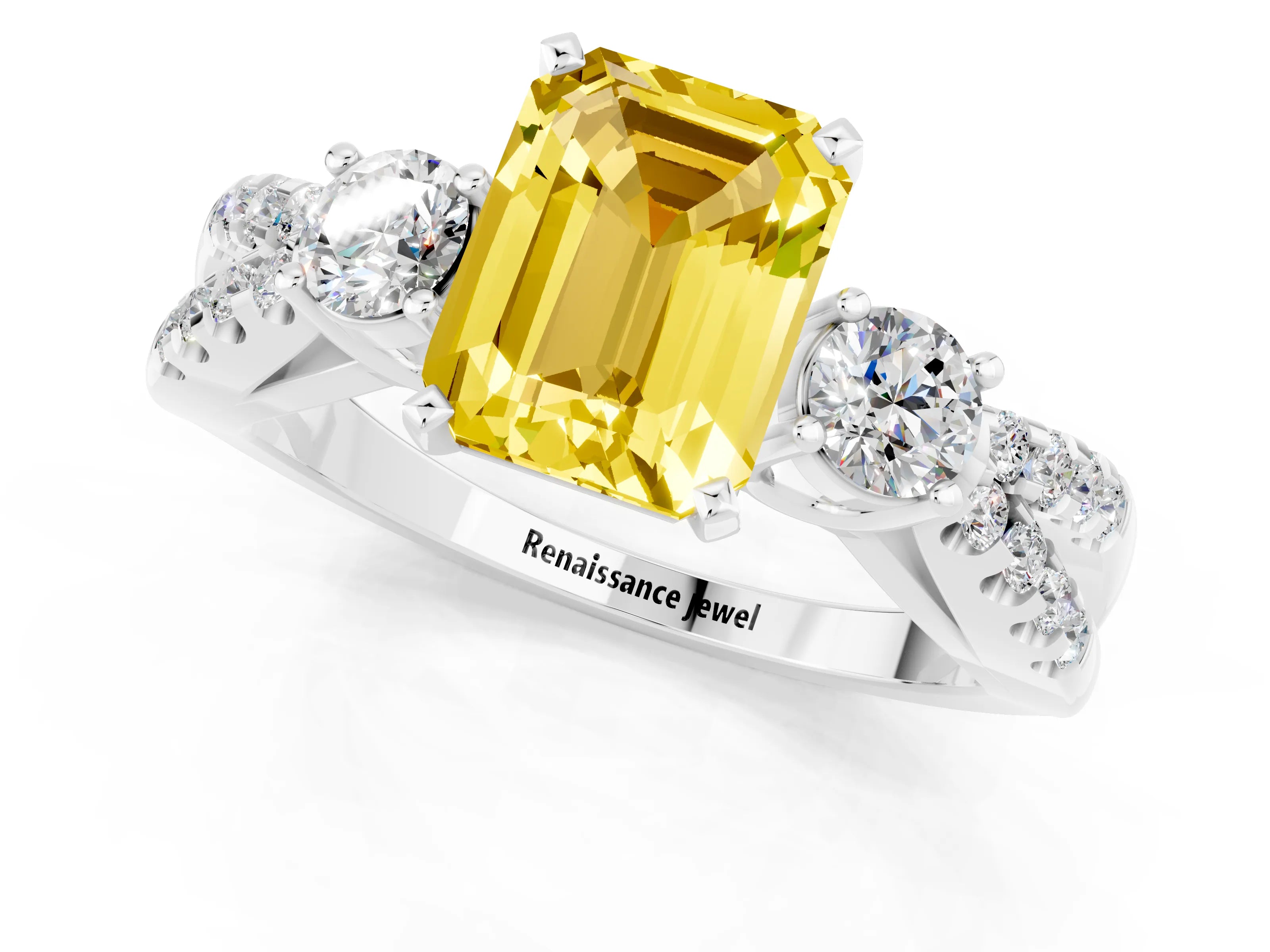 White gold Emerald Cut Yellow Sapphire Three-Stone Ring with Pavé Split Shank and Four-Prong Setting_25