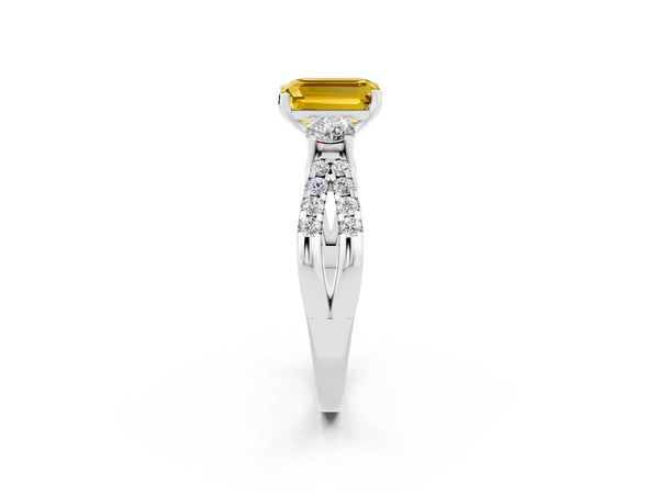 Silver Emerald Cut Yellow Sapphire Three-Stone Ring with Pavé Split Shank and Four-Prong Setting