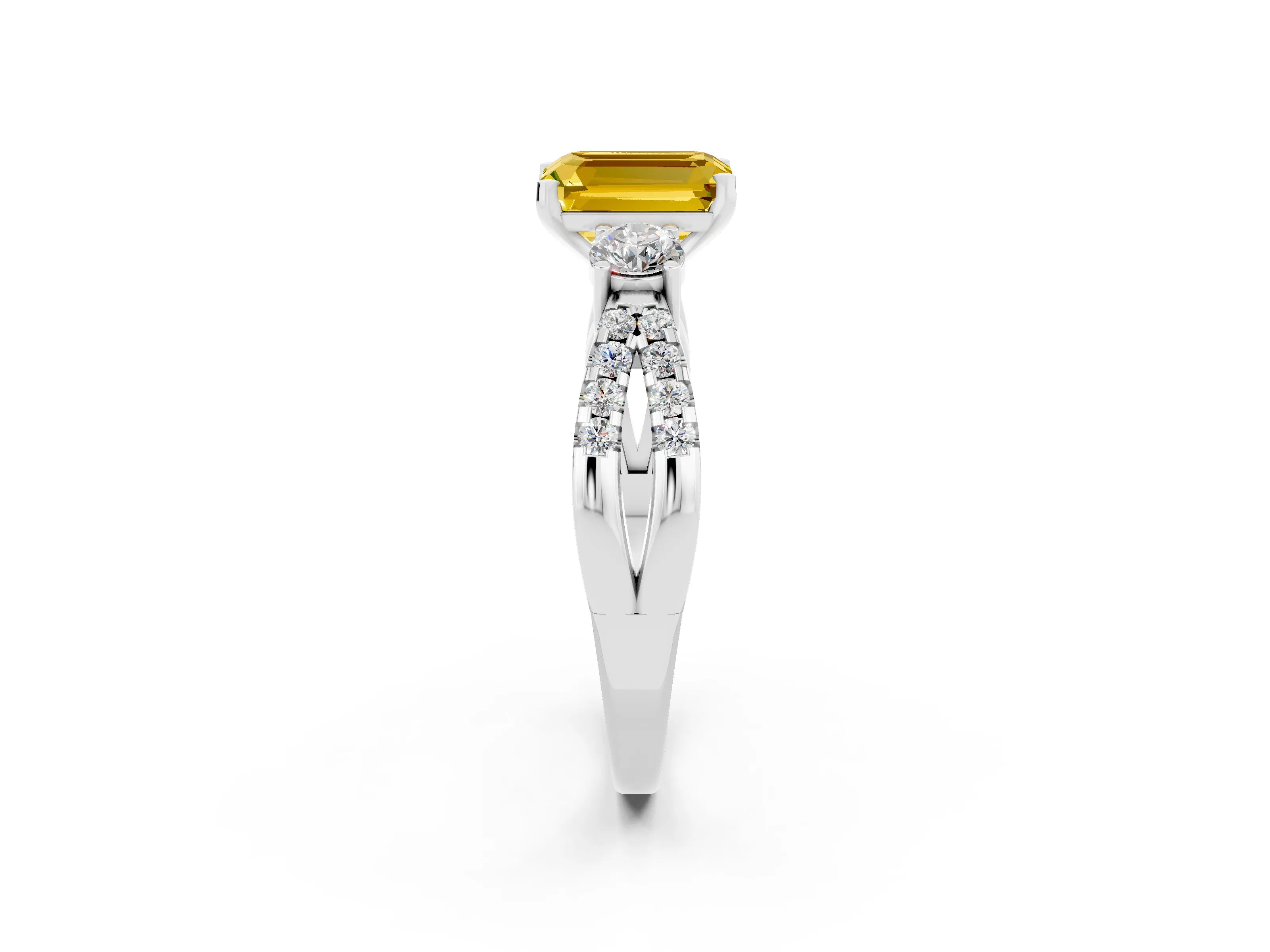 White gold Emerald Cut Yellow Sapphire Three-Stone Ring with Pavé Split Shank and Four-Prong Setting_26