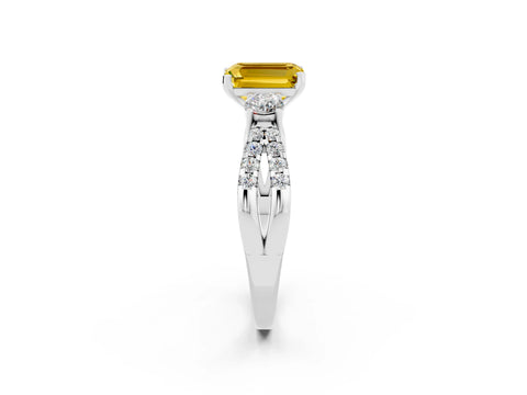 White gold Emerald Cut Yellow Sapphire Three-Stone Ring with Pavé Split Shank and Four-Prong Setting_26