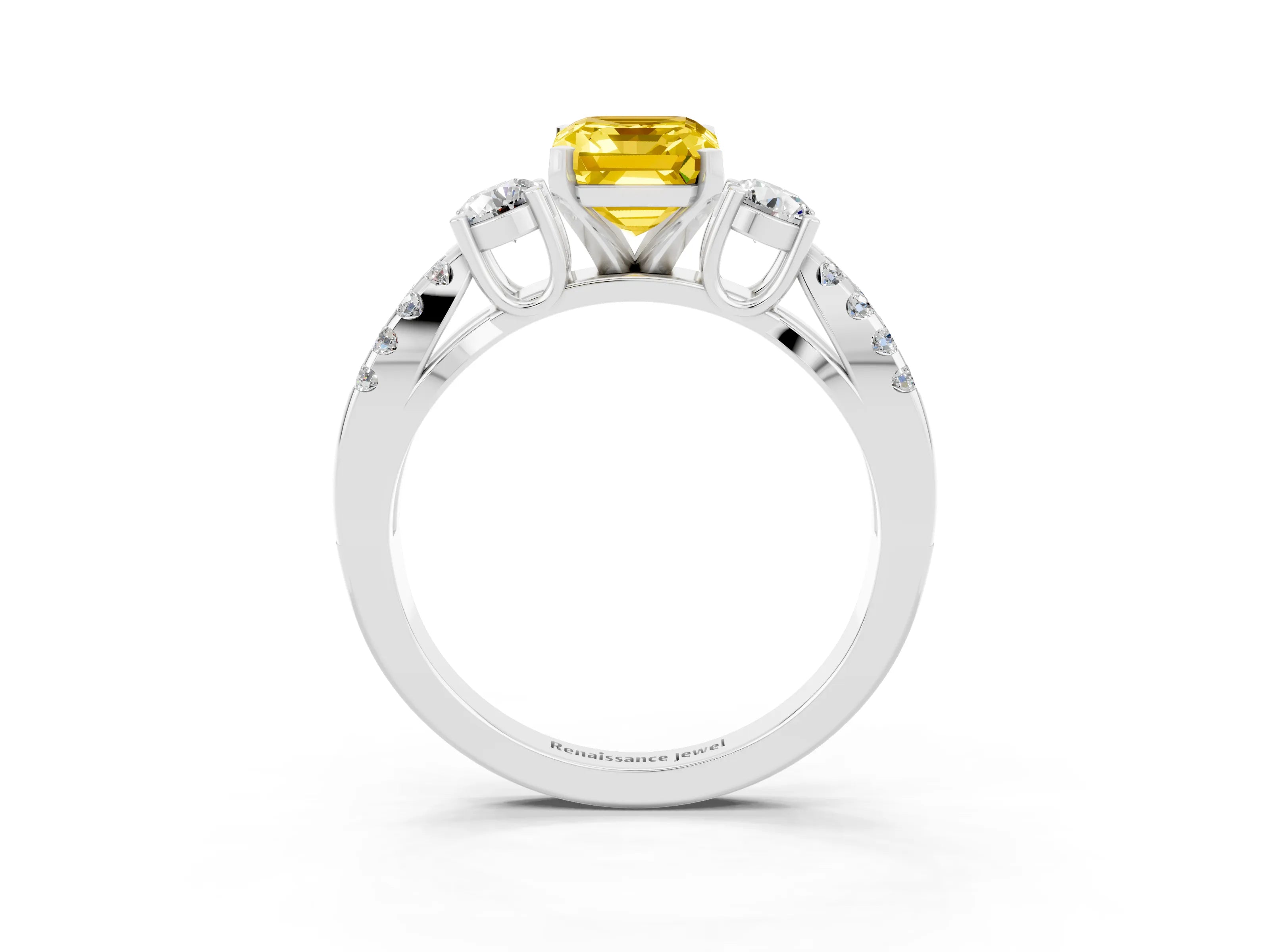 White gold Emerald Cut Yellow Sapphire Three-Stone Ring with Pavé Split Shank and Four-Prong Setting_27