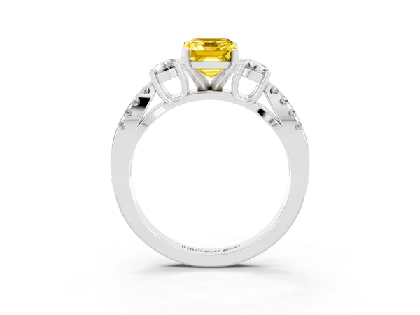 Platinum Emerald Cut Yellow Sapphire Three-Stone Ring with Pavé Split Shank and Four-Prong Setting