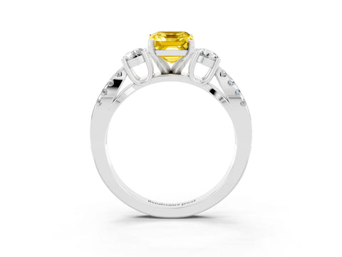 White gold Emerald Cut Yellow Sapphire Three-Stone Ring with Pavé Split Shank and Four-Prong Setting_27