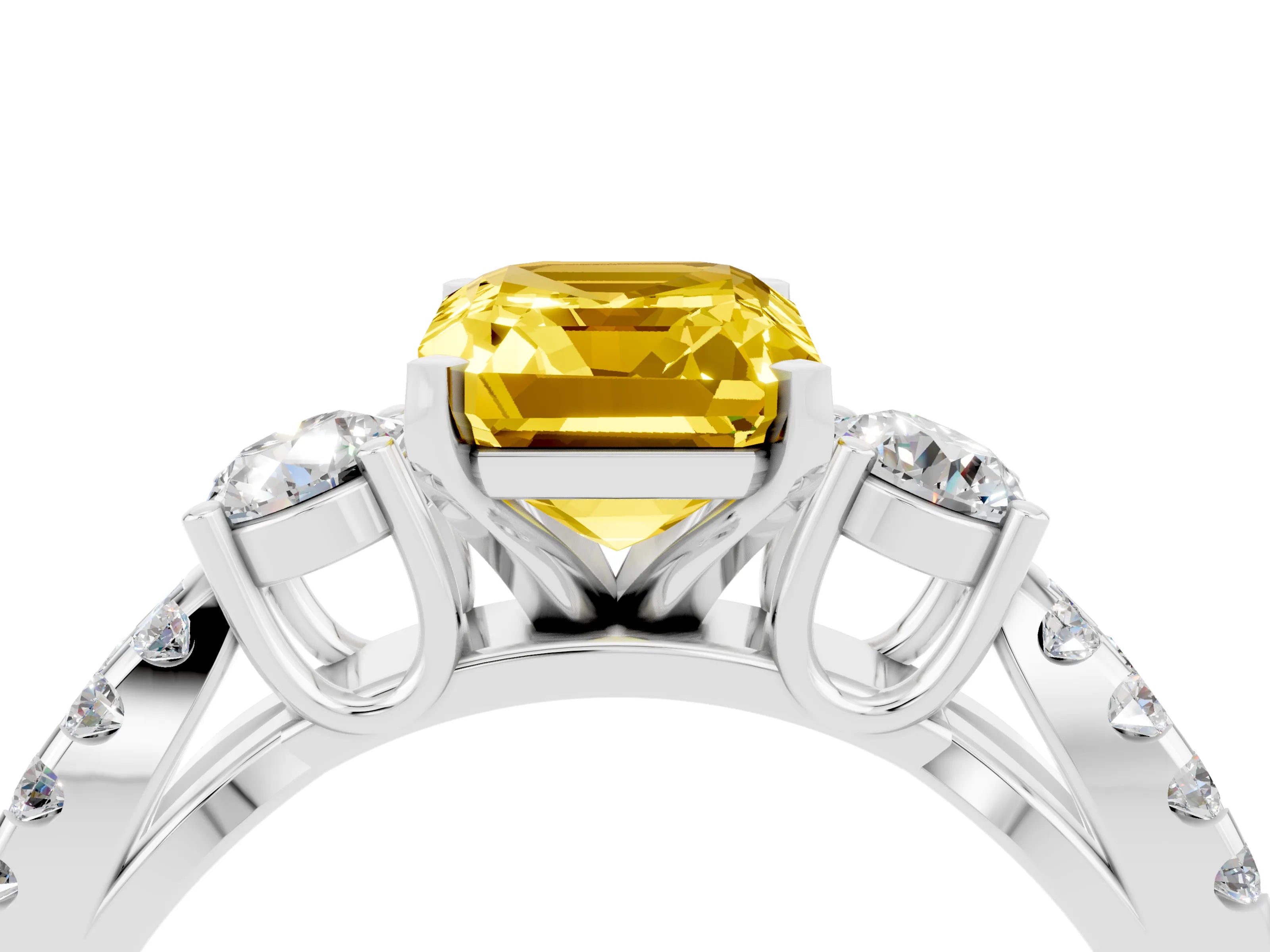 White gold Emerald Cut Yellow Sapphire Three-Stone Ring with Pavé Split Shank and Four-Prong Setting_28