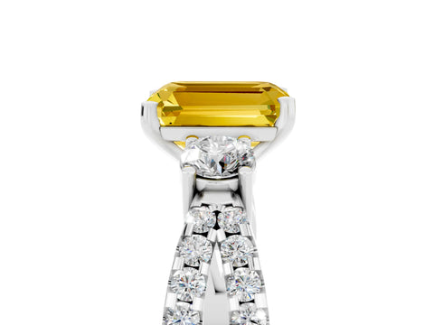 White gold Emerald Cut Yellow Sapphire Three-Stone Ring with Pavé Split Shank and Four-Prong Setting_29