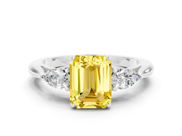 Platinum Emerald Cut Yellow Sapphire Three-Stone Ring with Pear  Side Stones and Prong Setting