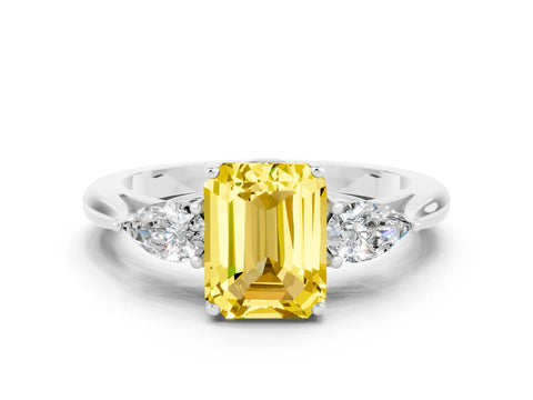White gold Emerald Cut Yellow Sapphire Three-Stone Ring with Pear Side Stones and Four-Prong Setting_36