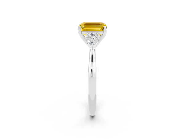 Platinum Emerald Cut Yellow Sapphire Three-Stone Ring with Pear  Side Stones and Prong Setting