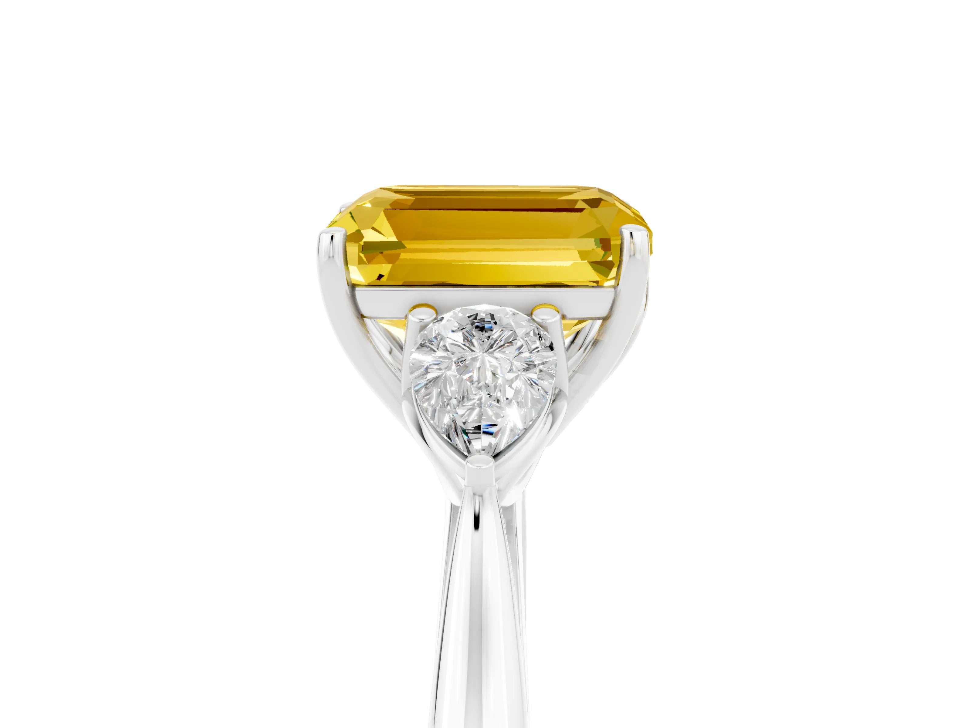 White gold Emerald Cut Yellow Sapphire Three-Stone Ring with Pear Side Stones and Four-Prong Setting_41