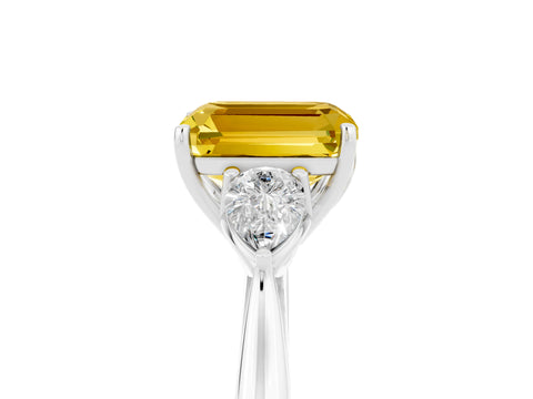 White gold Emerald Cut Yellow Sapphire Three-Stone Ring with Pear Side Stones and Four-Prong Setting_41